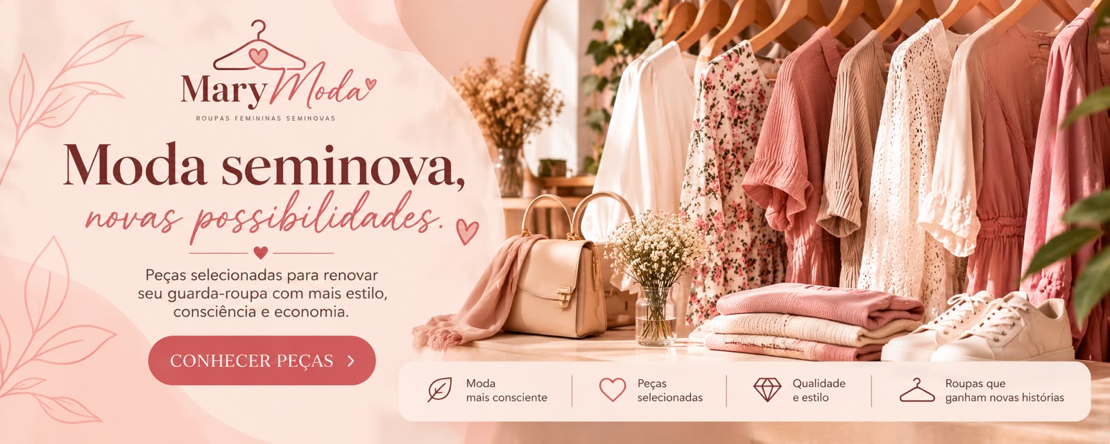 Moda seminova, novas possibilidades. Botão: conhecer peças.