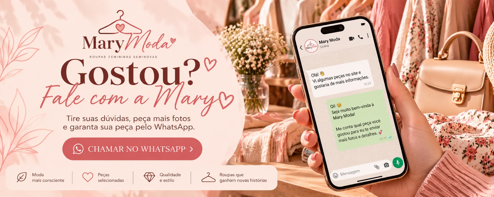 Gostou? Fale com a Mary. Botão: chamar no WhatsApp.