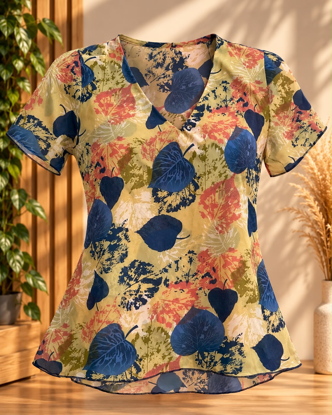 Blusa estampada com folhas em tons de azul, amarelo e coral