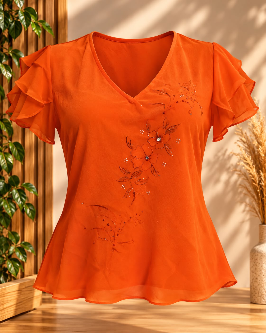 Blusa laranja com mangas de babado e detalhe bordado